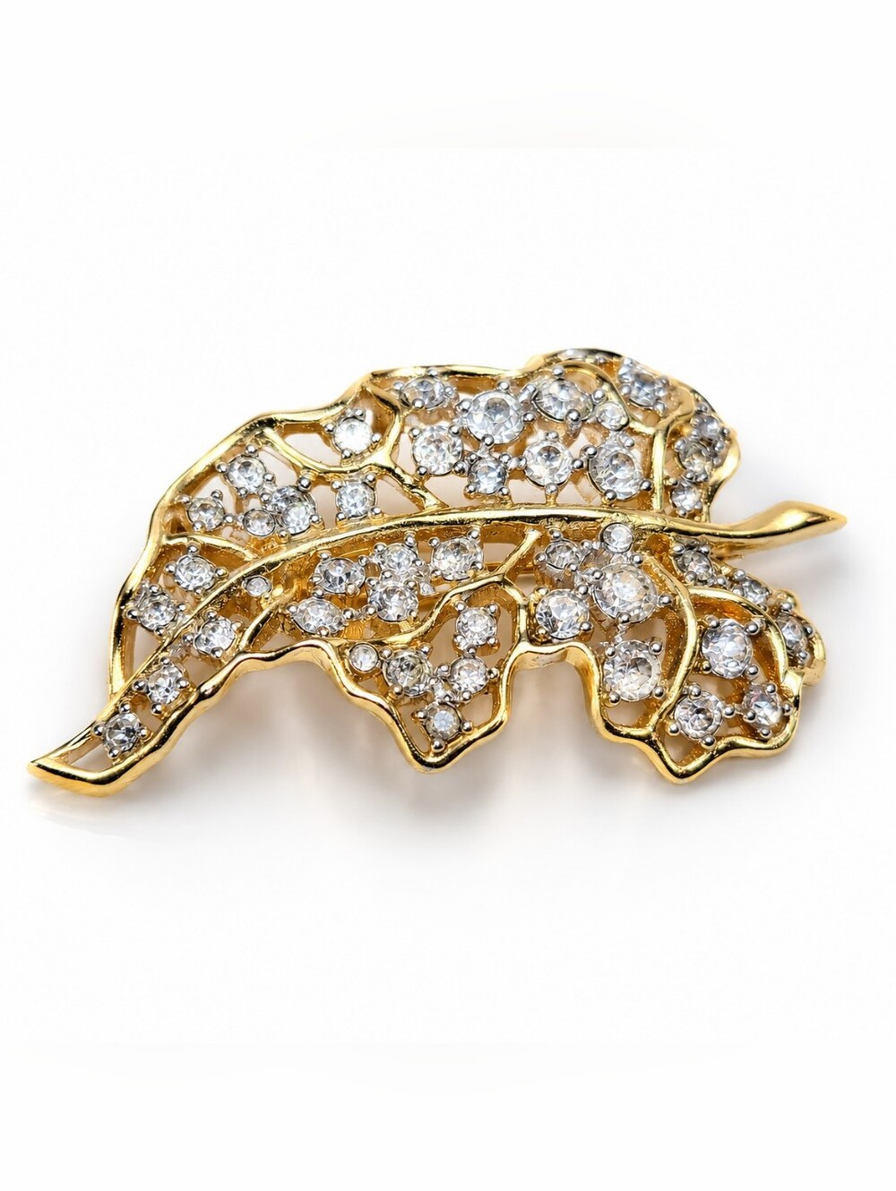 Vintage Jomaz Joseph Mazer Rhinestone Leaf Brooch Gold Plated Signed Designer